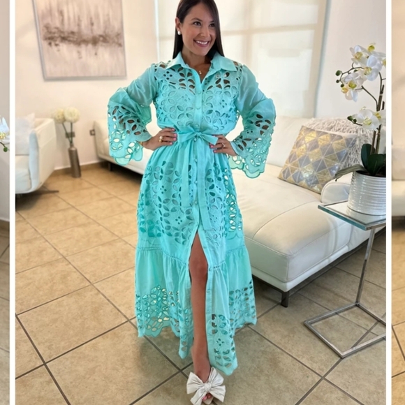 Tiffany Blue Eyelet Button-Down Dress - Picture 2 of 8